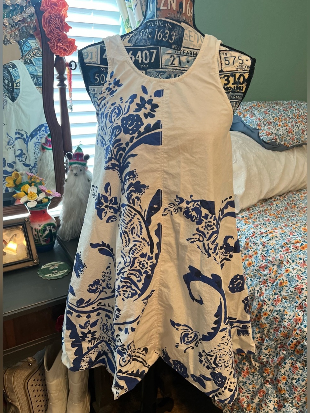 Maeve White Dress with Blue Floral Print